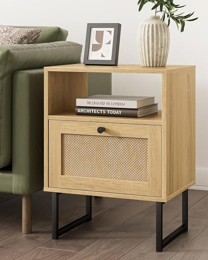 Masupu Extra Large Rattan Nightstand,Modern Boho Farmhouse Wood Bedside Table with Storage Drawer and Open Shelf, Black Frame Side End Table for Bedroom,Living Room,Office (Natural)