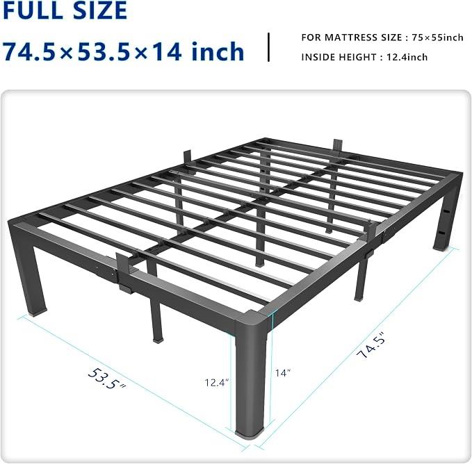 yookare Full Platform Bed Frame,14" Heavy Duty Metal Mattress Foundation, Rounded Safety Corners & Recessed Legs,Mattress Retainers,Easy Assembly,Noise Free Steel Slat Support,No Box Spring Needed