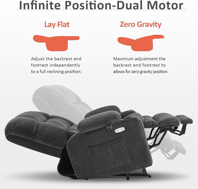 MCombo Small Dual Motor Power Lift Recliner Chair for Elderly, Zero Gravity Lift Chair with Heat and Massage, Lay Flat Recliner for Petite, USB Ports,Fabric R7894 (Small-Wide, Dark Gray)