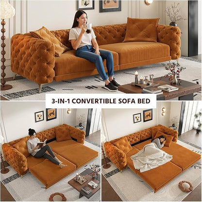 97.7" Convertible Queen Sleeper Sofa with Ottoman - Button Tufted Pull Out Sofa Bed, Velvet King Size Couch Bed & Vintage Deep Seat 4-Seater Couch for Small Spaces, Apartment & Living Room, Orange | Button Tufted