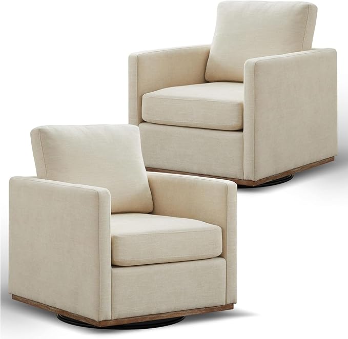 Swivel Accent Chair Set of 2, 360 Degree Square Swivel Chair for Living Room, Mid Century Modern Upholstered Barrel Chair,Comfy Sofa Armchairs for Bedroom,Nursery,Chenille, Beige