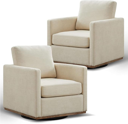 Swivel Accent Chair Set of 2, 360 Degree Square Swivel Chair for Living Room, Mid Century Modern Upholstered Barrel Chair,Comfy Sofa Armchairs for Bedroom,Nursery,Chenille, Beige