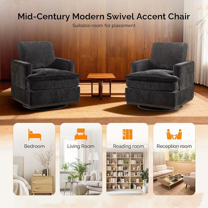 VINGLI 360° Swivel Accent Chair with Double-Layer Seat Cushions, Comfy Single Square Sofa Armchair, Upholstered Club Chair for Living Room,Bedroom, Reading Room, Chenille Black