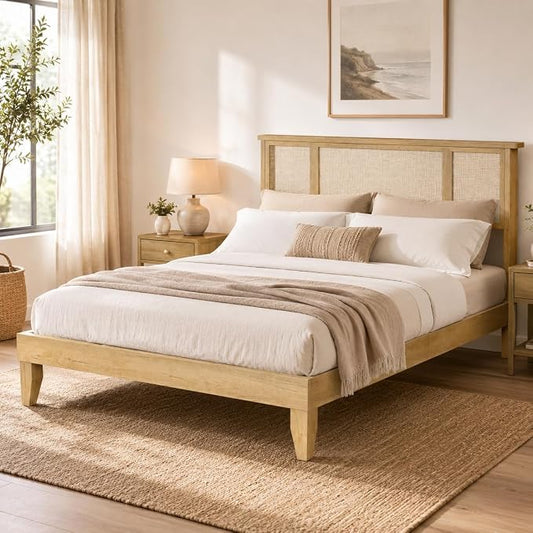 IDEALHOUSE Full Bed Frame with Natural Rattan Headboard, Slats, Bohemian-Style Cane Mattress Support, Strong Metal Base with Resilient Wooden, No Box Spring Needed