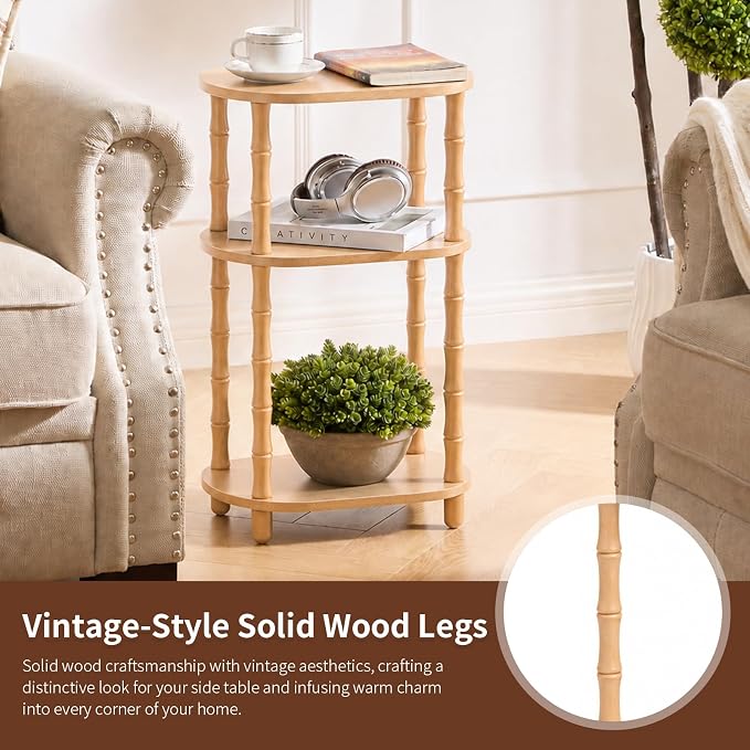 Narrow Side Table with Storage, 3-Tier End Table Skinny Nightstand for Bedroom, Living Room Small Space, Natural