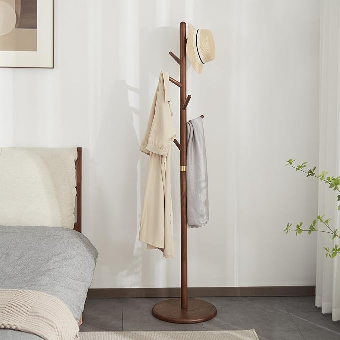 Coat Rack, Solid Wood Coat Rack Freestanding with 6 Hooks, Wooden Coat Tree Freestanding for Hats, Handbags, Coat Stand for Entryway, Bedroom, Hallway - Gift for Her (Walnut)