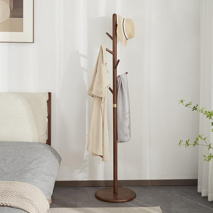 Coat Rack, Solid Wood Coat Rack Freestanding with 6 Hooks, Wooden Coat Tree Freestanding for Hats, Handbags, Coat Stand for Entryway, Bedroom, Hallway - Gift for Her (Walnut)