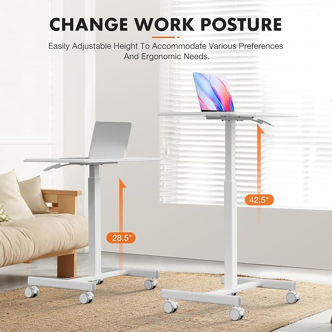 Sweetcrispy Mobile Rolling Desk with Lockable Wheels, Small Standing Laptop Desks, Sit Stand Adjustable Height Table Portable, Computer Workstations for Home Office, White