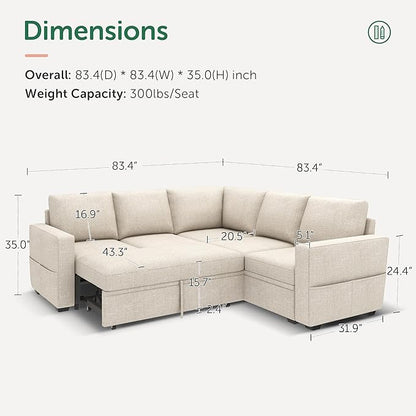 HONBAY Modular Sectional Sleeper Sofa with Pull Out Bed, L Shaped Couch with Storage Seat, Convertible Sectional Couches for Living Room, Beige