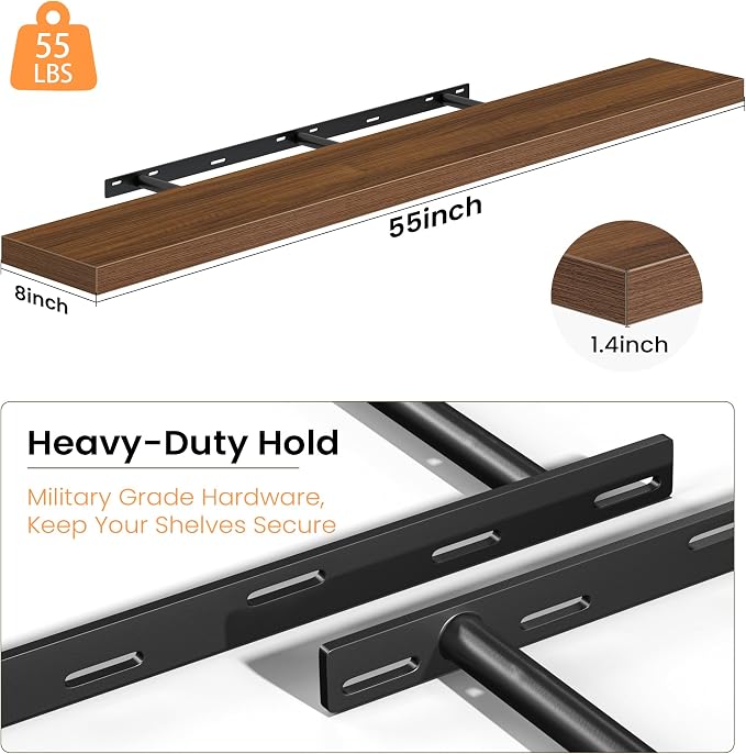 Fun Memories 55 Inch Floating Shelves - Fireplace Mantel Shelf - Deep Wall Mounted Wood Storage Shelf for Bedroom, Kitchen, Farmhouse - 2 Pack, Walnut