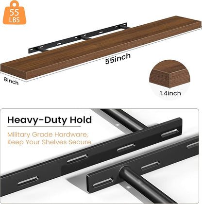 Fun Memories 55 Inch Floating Shelves - Fireplace Mantel Shelf - Deep Wall Mounted Wood Storage Shelf for Bedroom, Kitchen, Farmhouse - 2 Pack, Walnut