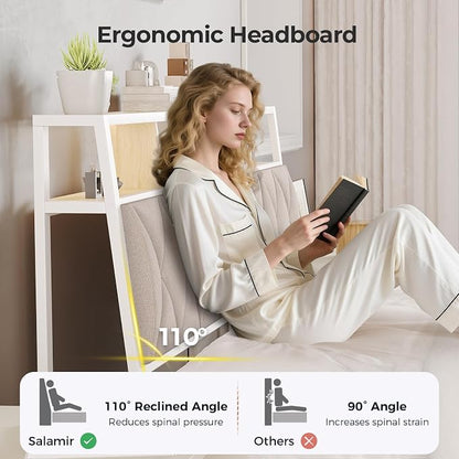 Full Headboard Only, Headboard for Full Size Bed with Storage, Upholstered Headboards with LED Lights & Charging Station, Attach Frame, Ideal for Bedroom/Dorm/Guest Room, White & Beige