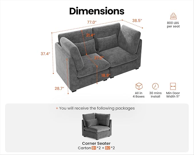 77" Oversized Chenille Couch Modular Sectional Sofa, Washable Cloud Couch Sectional, 2 Seater Sectional Couches for Living Room, Fully Cover Removable, Loveseat Sofa, Chenille, Grey