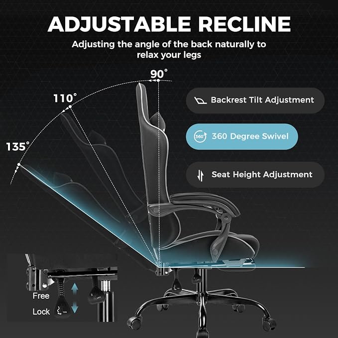 GTPLAYER Gaming Chair with Footrest, Computer Chair with and Lumbar Support, Height Adjustable Game Chair with 360°-Swivel Seat and Headrest and for Office or Gaming (All Black-Fabric)