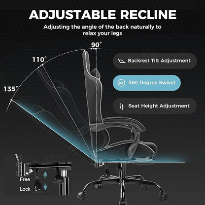 GTPLAYER Gaming Chair with Footrest, Computer Chair with and Lumbar Support, Height Adjustable Game Chair with 360°-Swivel Seat and Headrest and for Office or Gaming (All Black-Fabric)