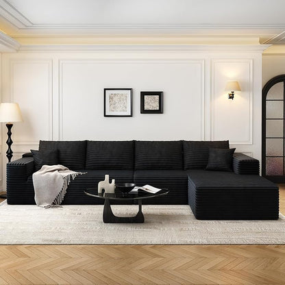 135.4" Cloud Modular Sectional Sofa Couch with L-Shape Chaise,Modern Minimalist Upholstered Couches for Living Room Bedroom,Deep Seat Corner Couch，No Assembly Required (Black,Right Facing Chaise)