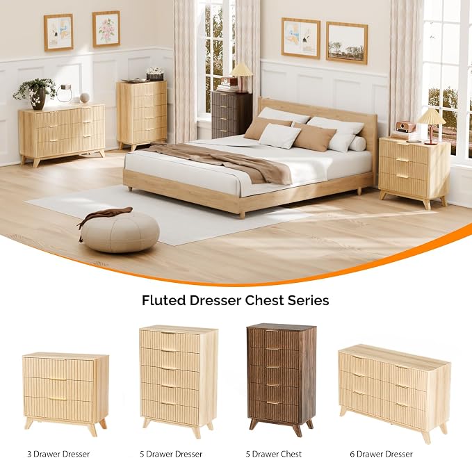VINGLI Fluted Tall Dresser 5 Drawer Chest of Drawers, Walnut Wood Dresser for Bedroom Mid Century Modern with Rounded Edge, 29.92" W*15.6" D*44.88" H