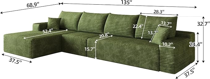 135" Oversized Cloud Sectional Couch Boneless Sofa for Living Room, Fluffy Corduroy Corner Couch with Deep Seat, Compressed Modular Sectional Sofa with L-Shaped Chaise, No Assembly Required