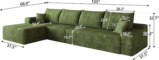 135" Oversized Cloud Sectional Couch Boneless Sofa for Living Room, Fluffy Corduroy Corner Couch with Deep Seat, Compressed Modular Sectional Sofa with L-Shaped Chaise, No Assembly Required