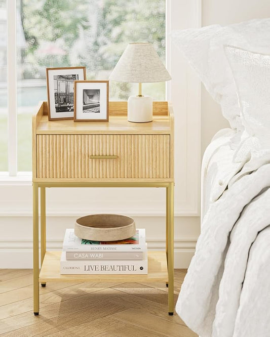 Nightstand, 3-Tier Bed Side Table, Small End Table, Night Stand with Open Shelf and Drawer, Bedside Table for Bedroom, Living Room, Oak