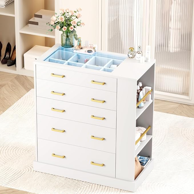 Closet Island with Open Shelves, Modern Glass Top Dresser with LED Lights, Tall Chest of Drawers with Jewelry Organizer for Bedroom,Living Room, Bedroom, Hallway, Entryway, White