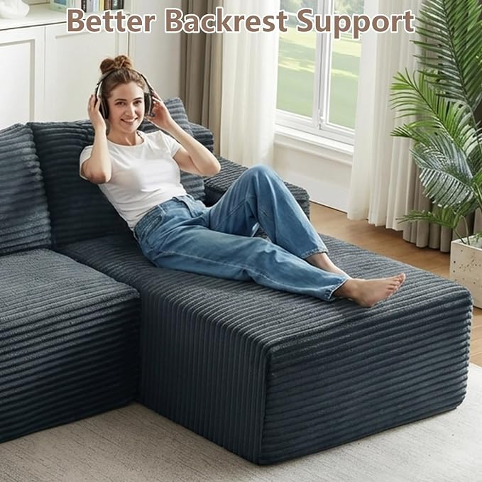 96" Cloud Sectional Couch U-Shaped Chaise with Ottoman, Corduroy Boneless Couch for Living Room Bedroom, Deep-Seat Upholstered Modular Cloud Sofa, No Assembly Required (Grey, Right Facing Chaise)
