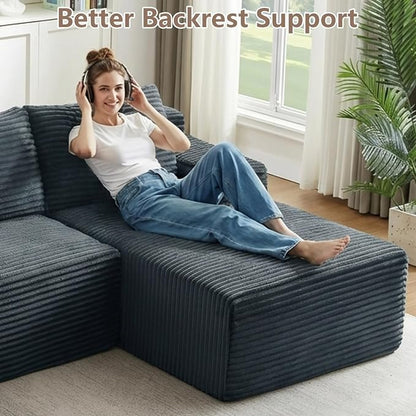 96" Cloud Sectional Couch U-Shaped Chaise with Ottoman, Corduroy Boneless Couch for Living Room Bedroom, Deep-Seat Upholstered Modular Cloud Sofa, No Assembly Required (Grey, Right Facing Chaise)