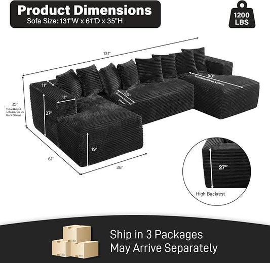131" Oversized U Shaped Cloud Sectional Couches for Living Room, Comfy Fluffy Corduroy Black Boneless Sectionals Couch, Plush Memory Foam Modular Sectional Sofa with Chaise- 19" Seat Height