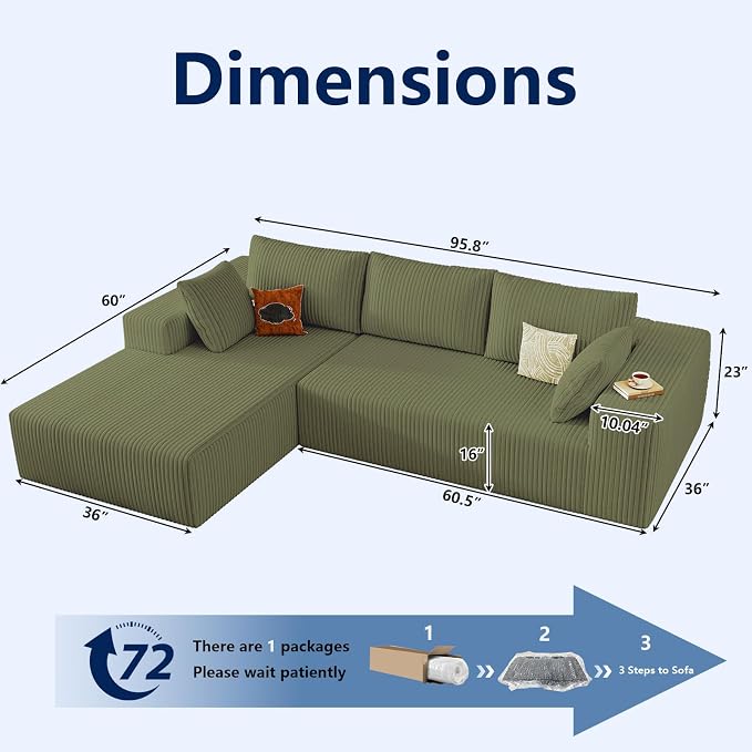96" Modular Sectional Sofa, Modern Corduroy Cloud Couch with Deep Seat, Boneless Couch Upholstered 3-Seater L-Shaped Sofa for Living Room, No Assembly Required (Green, Left-Facing Chaise)