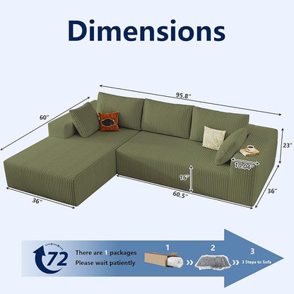 96" Modular Sectional Sofa, Modern Corduroy Cloud Couch with Deep Seat, Boneless Couch Upholstered 3-Seater L-Shaped Sofa for Living Room, No Assembly Required (Green, Left-Facing Chaise)
