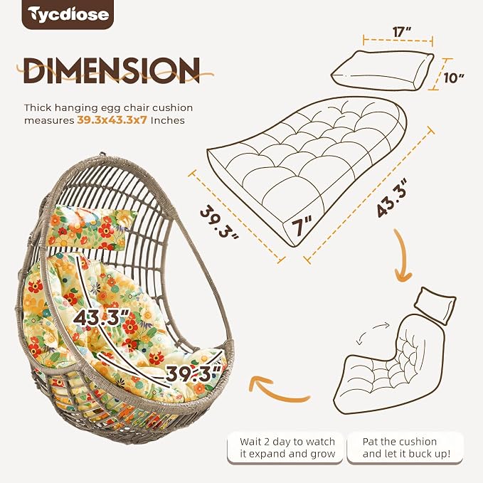 Outdoor Hanging Egg Chair Cushion Replacement, Thicken Egg Chair Cushion Waterproof Basket Eggs Chairs Cushion with Headrest Pillow, U-Shaped Cushions for Hanging Eggs Chairs Swing (Daisy)
