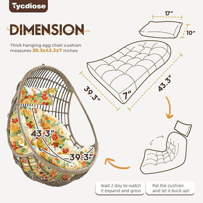 Outdoor Hanging Egg Chair Cushion Replacement, Thicken Egg Chair Cushion Waterproof Basket Eggs Chairs Cushion with Headrest Pillow, U-Shaped Cushions for Hanging Eggs Chairs Swing (Daisy)