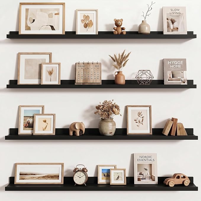 Axeman 48 Inch Black Picture Ledge Shelf Set of 4, 48 Inch Floating Shelves, Rustic Wood Wall Shelf with Lip, 48" Black Picture Shelves for Wall with Ledge