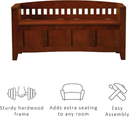 Linon Home Decor Storage Bench with Short Split Seat Storage, Walnut, 50 inchw x 17 inchd x 25.25 inchh.