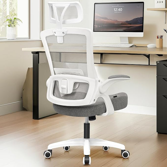 NEO CHAIR Office Desk Chair Gaming Computer High Back Support Mesh Comfy Seat with Adjustable Ergonomic Headrest Lumbar Rolling Flip-up Armrests and Wheels (Grey)