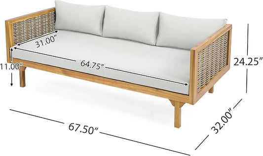 Merax Outdoor Acacia Wood Conversation Set, 3-Seat Loveseat Sofa w/Coushion, Round Coffee Table for Backyard, Patio Furniture, Teak+Light Gray