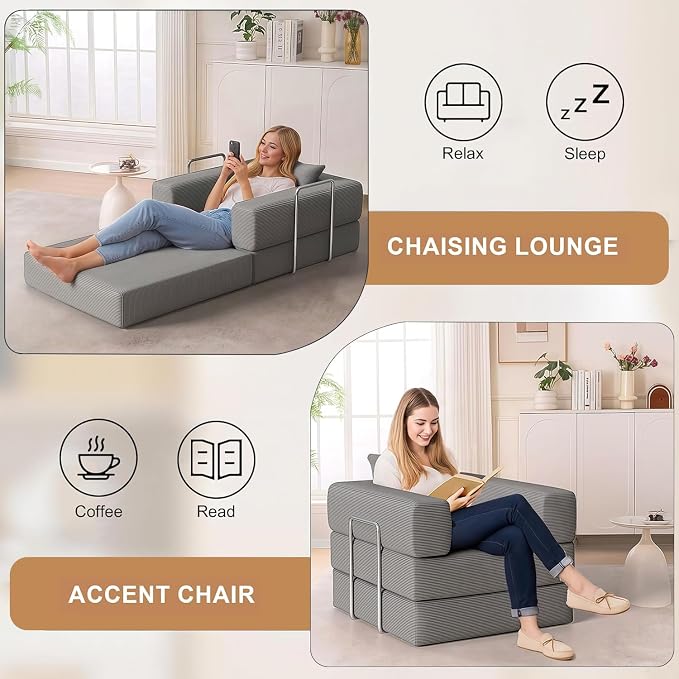 Single Couch Sofa for Small Spaces 2 in 1 Convertible Sofa to Lounger Comfy Bean Bag Chair for Adults with Removable Cover with Pillows for Bedroom, Apartment, Office(Light Gray, 35.43" Single Sofa)
