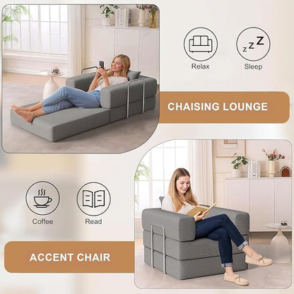 Single Couch Sofa for Small Spaces 2 in 1 Convertible Sofa to Lounger Comfy Bean Bag Chair for Adults with Removable Cover with Pillows for Bedroom, Apartment, Office(Light Gray, 35.43" Single Sofa)