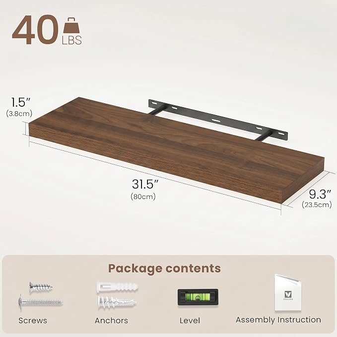 Vivelove Walnut Floating Shelves 32 Inches Long, Wall Display Shelves with Invisible Brackets, for Bathroom Living Room Kitchen Bedroom Office Farmhouse Home Decor, 32x9.3X 1.5 - Set of 2, Walnut