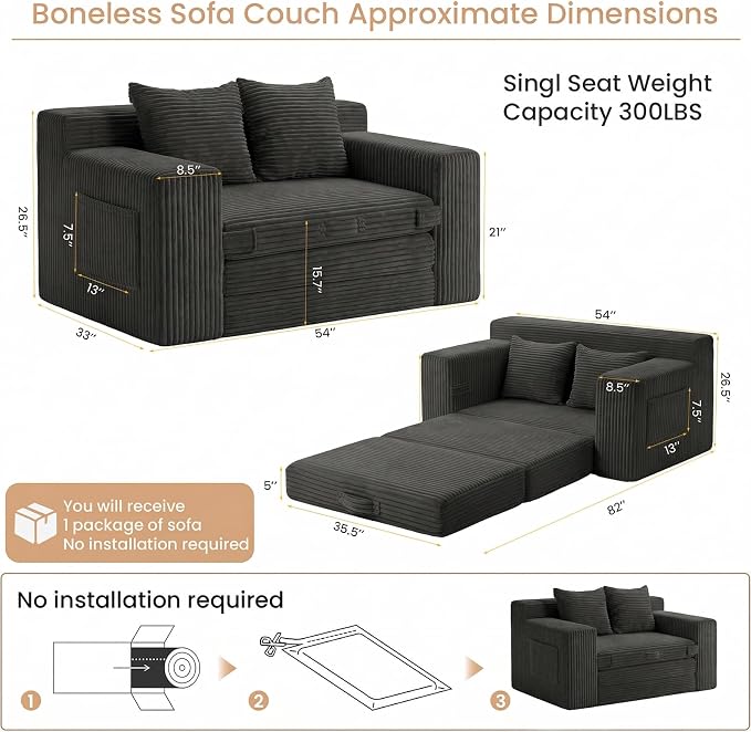 Boneless Loveseat Sofa Bed, Tri-Folding Convertible Futon Sleeper with Handle & Side Pockets, 54'' Boneless Couch with Hook and Loop No Assembly for Small Space,Living Room & Bedroom
