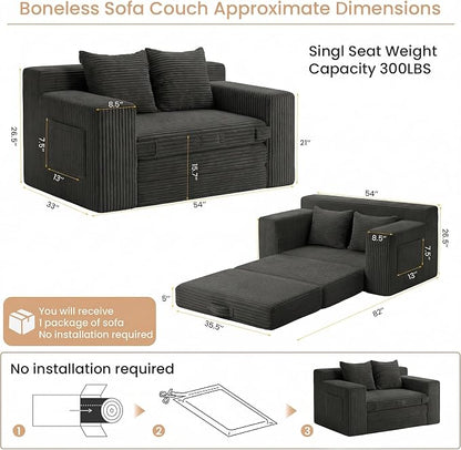 Boneless Loveseat Sofa Bed, Tri-Folding Convertible Futon Sleeper with Handle & Side Pockets, 54'' Boneless Couch with Hook and Loop No Assembly for Small Space,Living Room & Bedroom