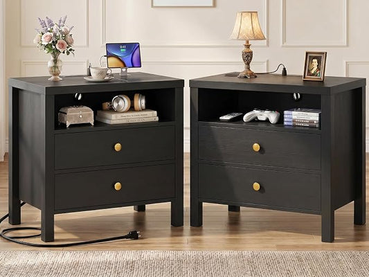 Aheaplus Nightstand with Charging Station, 23.6'' Large Bed Side Table with Wooden 2 Drawers, Night Stand for Bedroom, End Table with Open Storage Shelf for Living Room, Set of 2, Black
