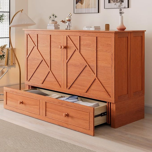 CECER Cherry Murphy Bed Cabinet with Mattress, Space-Saving Folding Bed