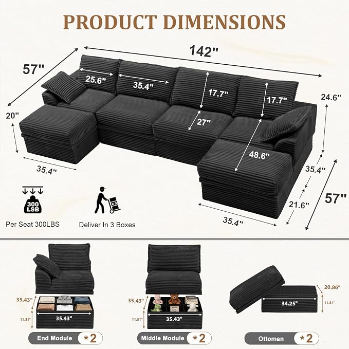 Upgrade Boneless Couch with Storage, Extra Deep&High Seat Modular Sectional Sofa 4 Seater U Shaped Cloud Couch with Ottoman, Tool-Free Assembly Sectional Couches for Living Room