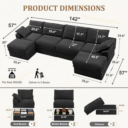 Upgrade Boneless Couch with Storage, Extra Deep&High Seat Modular Sectional Sofa 4 Seater U Shaped Cloud Couch with Ottoman, Tool-Free Assembly Sectional Couches for Living Room