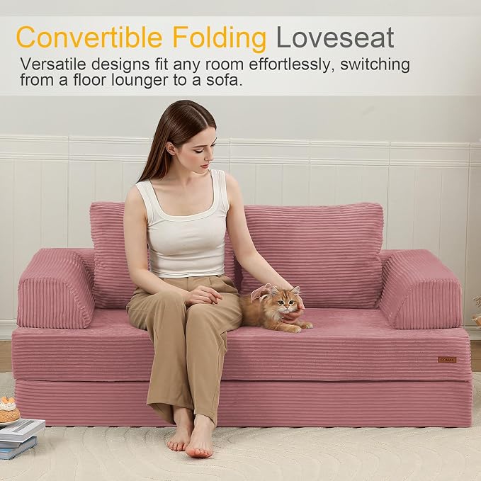 COMAX Futon Sofa Bed, Convertible Sofa Bed, Folding Boneless Couches | Boneless Couch for living room, 4‑in‑1 Fold Out Small Foldable Loveseat Floor Sleeper Mattress Lounge Space‑Saving, Pink
