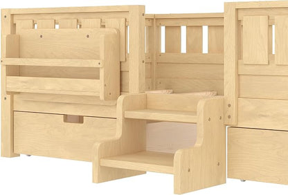 Bellemave Twin Floor Bed with Stairs, Rails and Slats, Twin Size Montessori Floor Bed with Bookshelf and 2 Storage Drawers, Easy Assemble Montessori Beds Frame for Girls, Boys, Light Natural