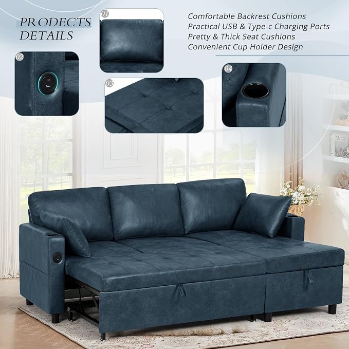 84" L-Shape Pull Out Sofa Bed with Adjustable Backrest, Upholstered Sectional Sleeper Sofa with Storage Chaise, Suede Leather Reversible Couch Bed with USB Port for Living Room, House, Blue