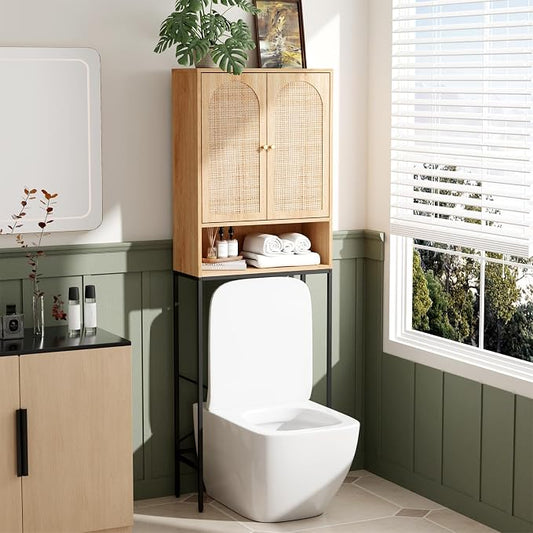 VINGLI Over The Toilet Storage Cabinet, Rattan Bathroom Organizer Behind Toilet,Above Metal Stand Rack Tall Freestanding Wood Cabinet with Wicker Doors,Adjustable Shelf for Bathroom,Restroom,Bohemian