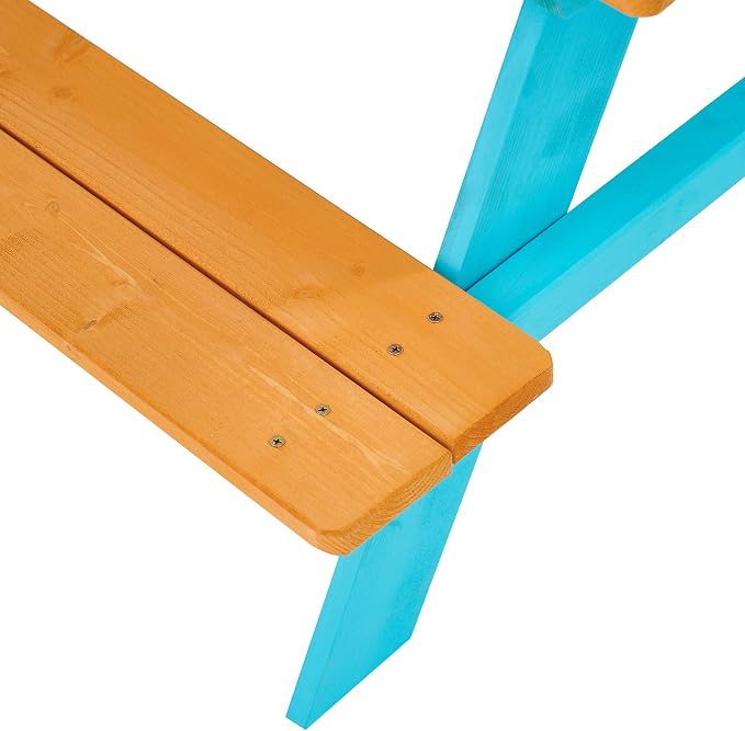 Teamson Kids - Wooden Outdoor Child Children Kids Picnic Table & Chair Bench Set - Brown/Aqua | Weather-Resistant Pine Wood, Seats 4 Children, Ideal for Backyard, Patio, Garden